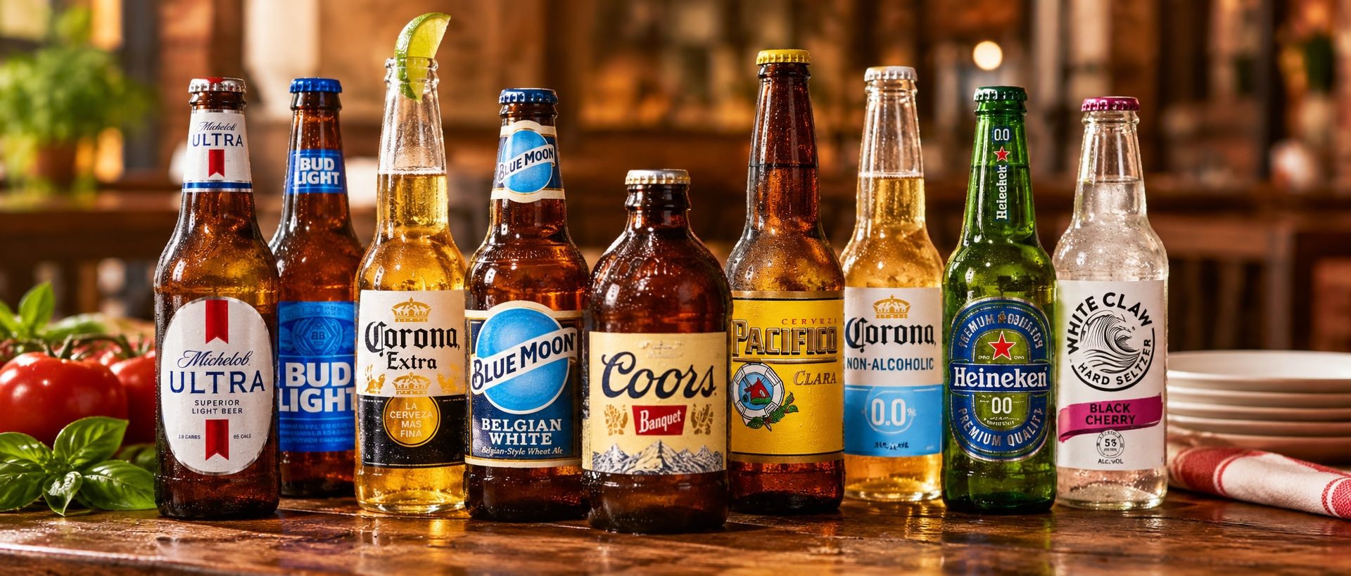 Assorted bottled beers and seltzers lined up on a bar